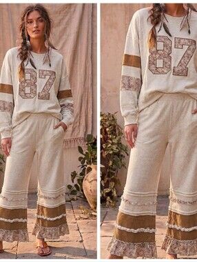 easel Cream Wide-Leg Lounge Pants & Patchwork Top with Brown Accent Bands